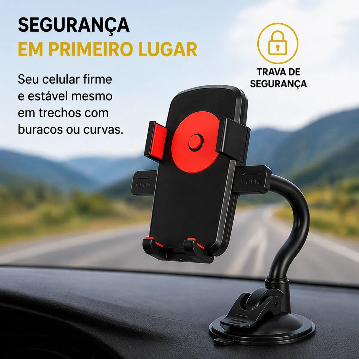 Suporte de celular fixado no painel do carro